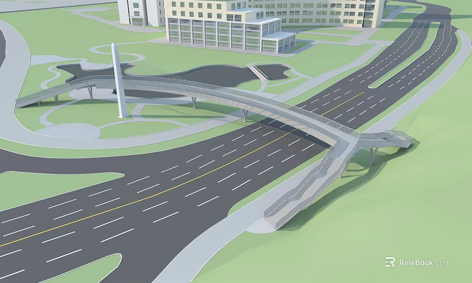 Modern Curved Bridge Over Roads With Green Area And Surrounding Buildings 3d model 