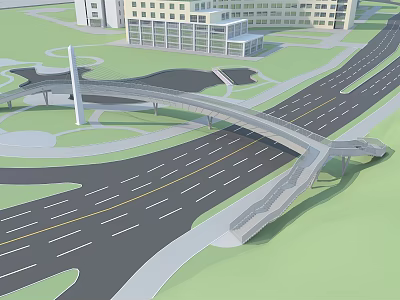 Modern Curved Bridge Over Roads With Green Area And Surrounding Buildings 3d model