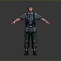 Male Character in Dark Blue Uniform Standing with Arms Outstretched on Grey Gradient Background