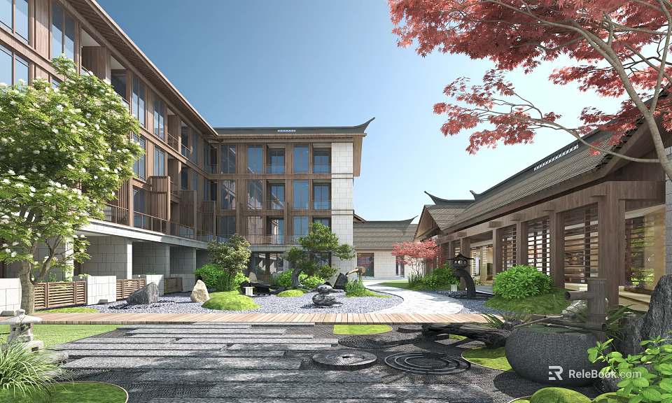 Traditional Chinese Courtyard Garden With Classic Architecture Stone Path And Green Trees 3d model 