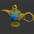 Mythical Genie Creature With Golden Magic Lamp Blue Ornate Chain And Decorative Base