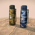Two Camouflage Pattern Thermal Cups With White Star Logo And Carabiner Straps