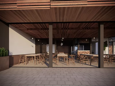 Open Space With Wooden Ceiling Glass Doors Tables Chairs Brick Floor And Green Plants 3d model