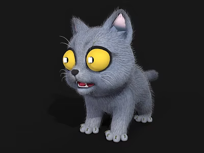 Cute Gray Cartoon Kitten With Big Yellow Eyes Surprised Expression On Black Background 3d model
