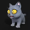 Cute Gray Cartoon Kitten With Big Yellow Eyes Surprised Expression On Black Background