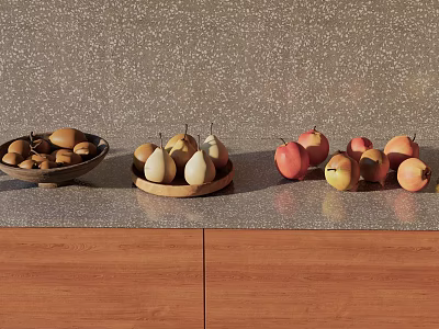 Ceramic Bowls Displaying Pears and Apples on Wooden Countertop Gray Wall Background 3d model