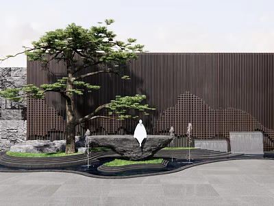 Wooden Latticed Landscape Wall With Pine Tree Rockery Fountain And Gray Pavement 3d model