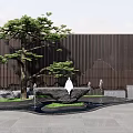 Wooden Latticed Landscape Wall With Pine Tree Rockery Fountain And Gray Pavement