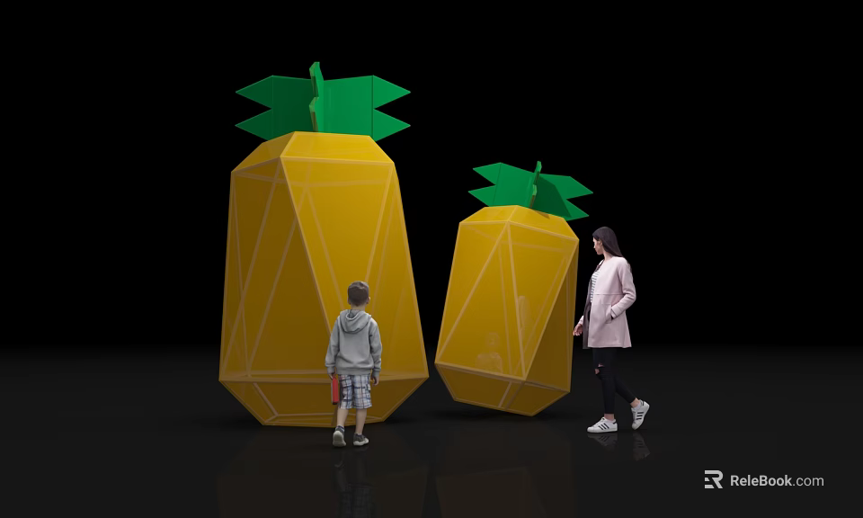 Pineapple Shaped Yellow Green Art Installation With Children And Adults Walking 3d model 