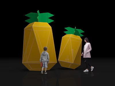 Pineapple Shaped Yellow Green Art Installation With Children And Adults Walking 3d model