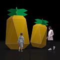 Pineapple Shaped Yellow Green Art Installation With Children And Adults Walking