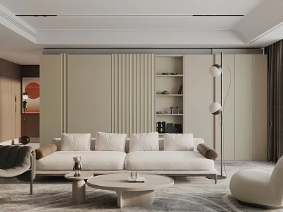 Modern Living Room Interior With Beige Sofa Round Coffee Table And Floor Lamp 3d model