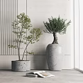 Green Leaf Bonsai Potted Plants In Gray Square And White Textured Cylindrical Pots