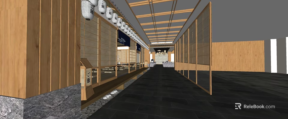 Japanese Restaurant Interior With Wooden Corridor Ceiling Beams Partition Walls And Black Floor Tiles 3d model 