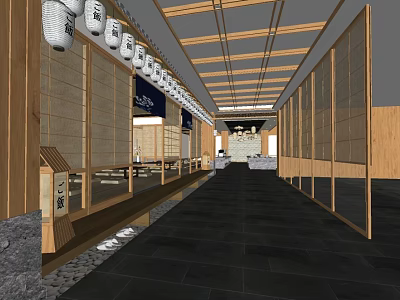Japanese Restaurant Interior With Wooden Corridor Ceiling Beams Partition Walls And Black Floor Tiles 3d model