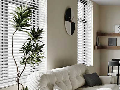 White Sectional Sofa In Modern Living Room With Window Blinds Green Plant And Round Clock 3d model
