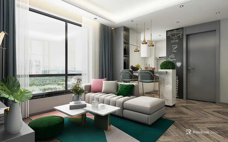 Modern Living Room With Large Window City View Sofa Cushions Coffee Table And Green Rug 3d model 
