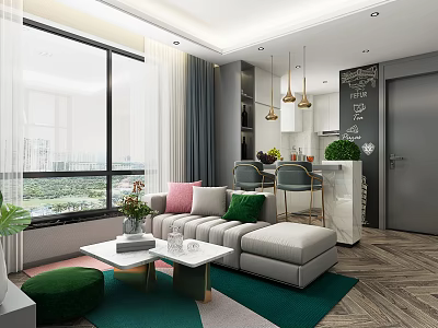 Modern Living Room With Large Window City View Sofa Cushions Coffee Table And Green Rug 3d model