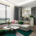 Modern Living Room With Large Window City View Sofa Cushions Coffee Table And Green Rug