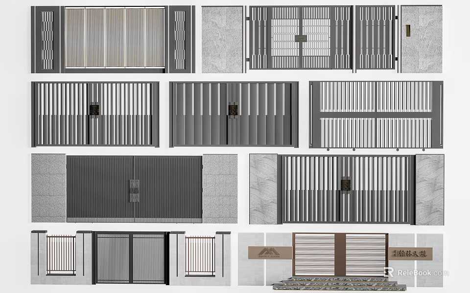 Modern Entrance Gates Featuring Metal Slat Frames And Double Panel Designs 3d model