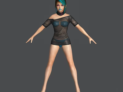 Game and Movie Character With Teal Hair in Black Off Shoulder Outfit and Outstretched Arms 3d model