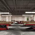 Modern Entertainment Space With Black Red Pool Tables Wall Posters Illuminated Sign And Gray Carpet