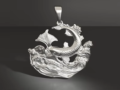 Silver Fish Shaped Pendant With Intricate Wave And Floral Design Jewelry 3d model
