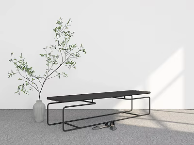 Minimalist Room With White Wall Gray Vase Green Branches Black Bench And Shoes 3d model