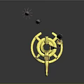 Golden Cosmic Launcher With Red Stripes And Small Missile Like Objects For Space Missions