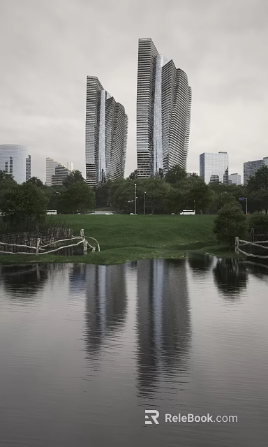 Modern Tall Office Buildings With Glass Exterior Surrounded By Green Grass Trees And Lake 3d model 