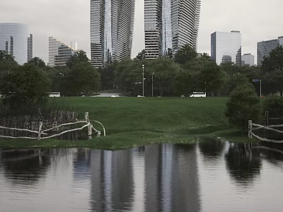 Modern Tall Office Buildings With Glass Exterior Surrounded By Green Grass Trees And Lake 3d model