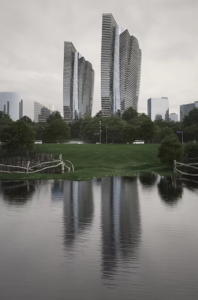 Modern Tall Office Buildings With Glass Exterior Surrounded By Green Grass Trees And Lake 3d model