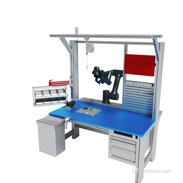 Industrial Robotic Arm Workstation With Blue Workbench Drawers And Tool Storage 3d model 