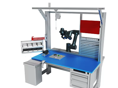 Industrial Robotic Arm Workstation With Blue Workbench Drawers And Tool Storage 3d model