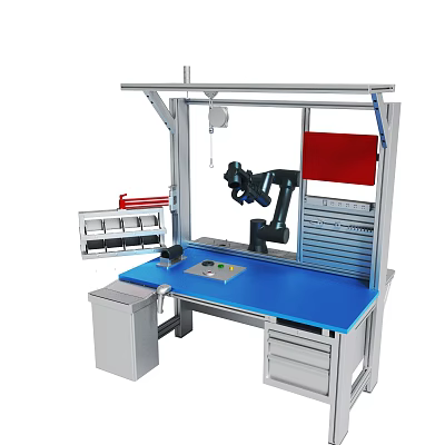 Industrial Robotic Arm Workstation With Blue Workbench Drawers And Tool Storage 3d model