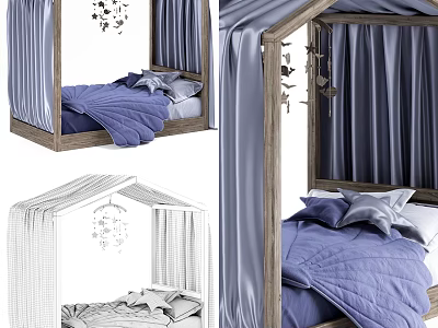 House Shaped Children's Bed With Wooden Frame Blue Bedding And Curtains 3d model