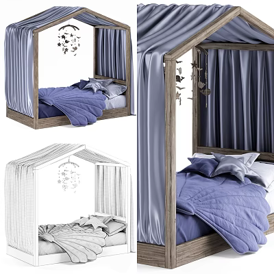 House Shaped Children's Bed With Wooden Frame Blue Bedding And Curtains 3d model