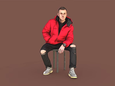 A Man In Red Puffer Jacket Sitting On Stool With Ripped Jeans Against Brown Background 3d model