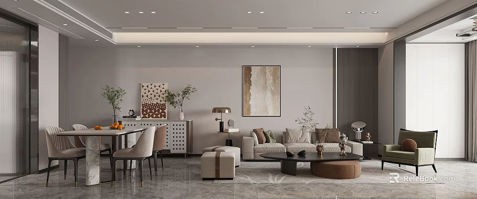 Modern Living and Dining Room Interior With Sofa Dining Table Wall Art And Plants 3d model