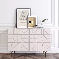 Light Pink Modern TV Stand With Geometric Patterned Panels And Gold Metal Legs