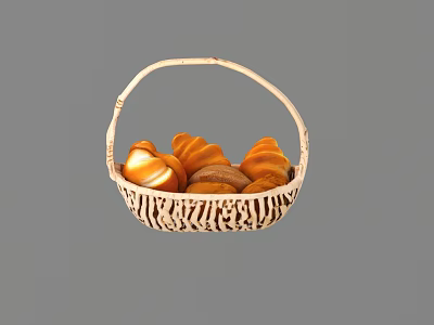 Fresh Golden Bread Pastries in White Striped Wicker Basket Perfect for Morning Breakfast 3d model
