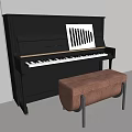 Black Piano and Art Supplies in Interior Design with Brown Bench and White Striped Tool