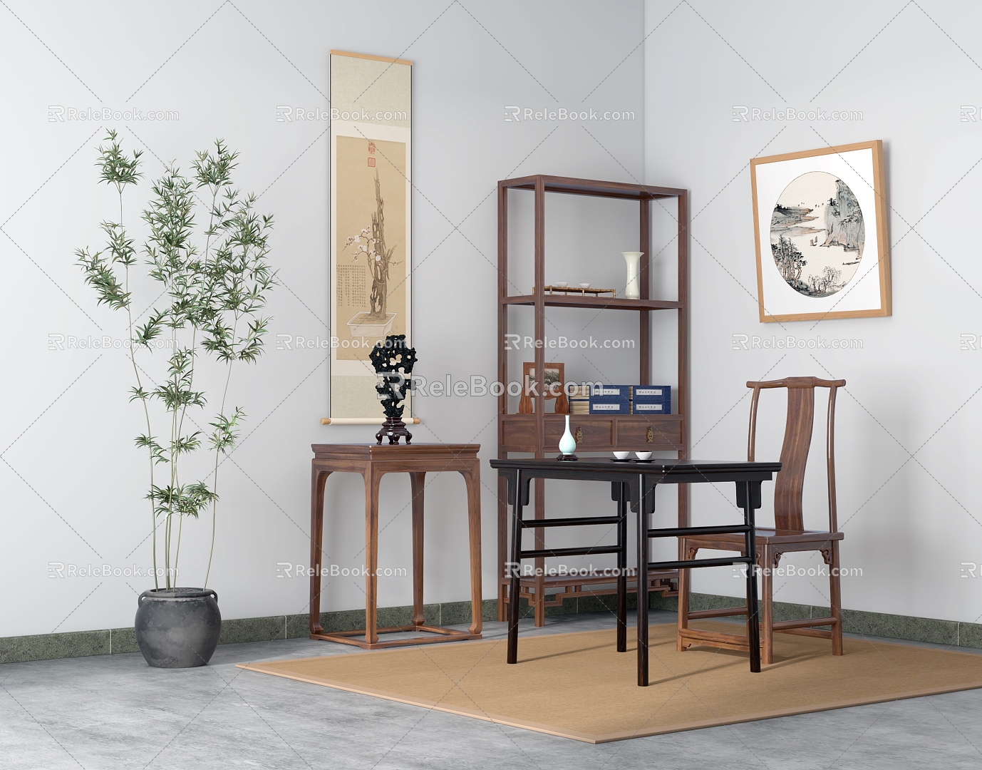 Chinese Style Study Desk Official Hat Chair Bookshelf Flowers Ancient Painting Taihu Stone Bamboo Ming Style Furniture 3d model