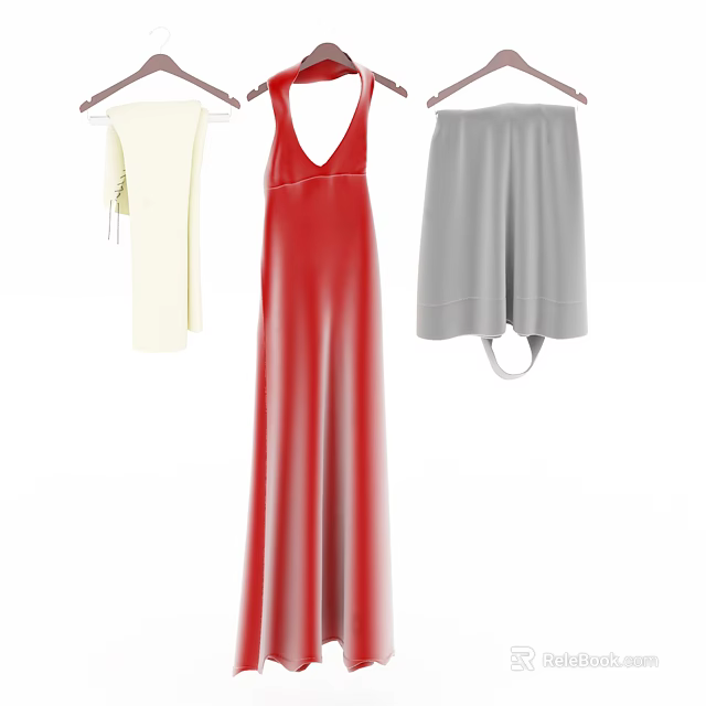 White Top Red Long Dress and Gray Shorts Hanging on Hangers 3d model 