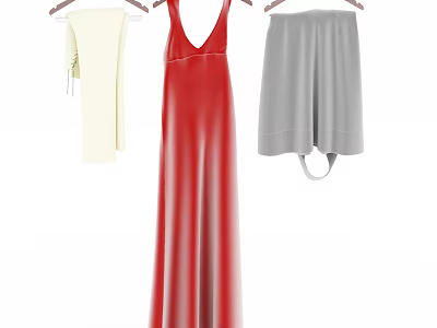 White Top Red Long Dress and Gray Shorts Hanging on Hangers 3d model