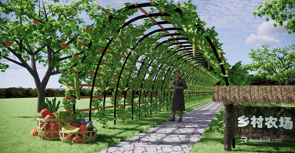 Garden Pergola With Arch Structure Covered In Green Vines Stone Path And Fresh Vegetables 3d model 