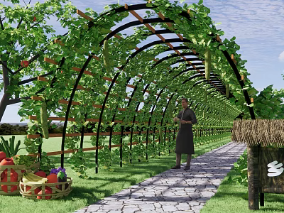 Garden Pergola With Arch Structure Covered In Green Vines Stone Path And Fresh Vegetables 3d model