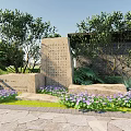 Rockery Stones in Garden Landscape With Purple Flowers Trees and Inscribed Tablets