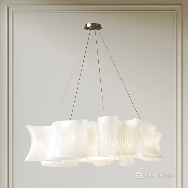 Modern White Chandelier With Wavy Design Hanging From Metal Wires In Minimalist Interior 3d model 