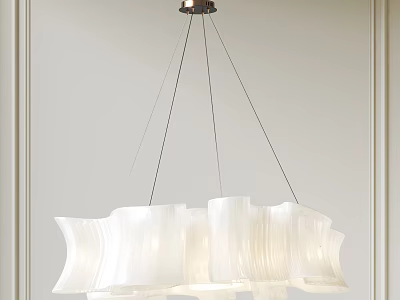 Modern White Chandelier With Wavy Design Hanging From Metal Wires In Minimalist Interior 3d model